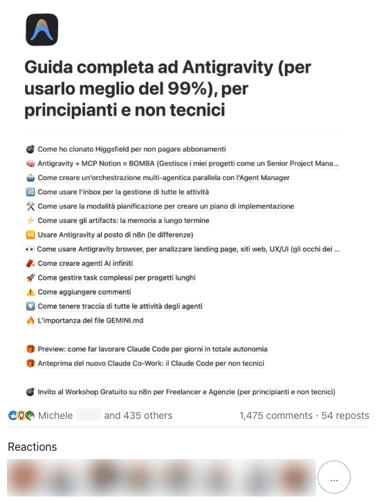 Post LinkedIn Antigravity - 1475 commenti