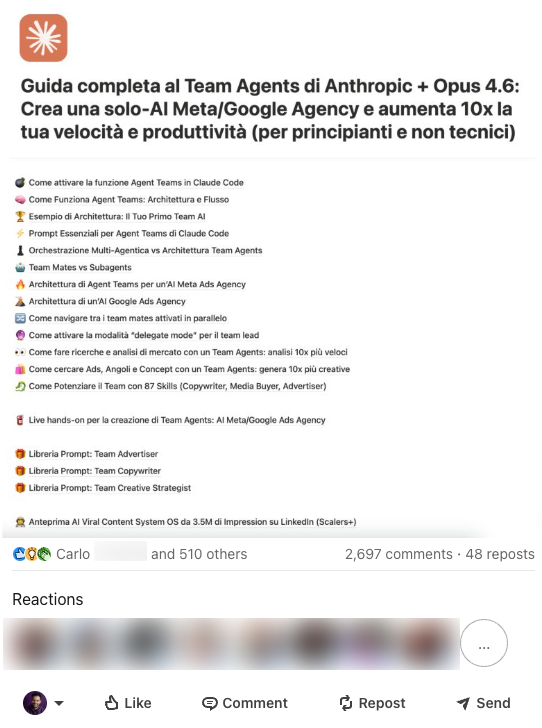 Post LinkedIn Agent Teams, 2.697 commenti